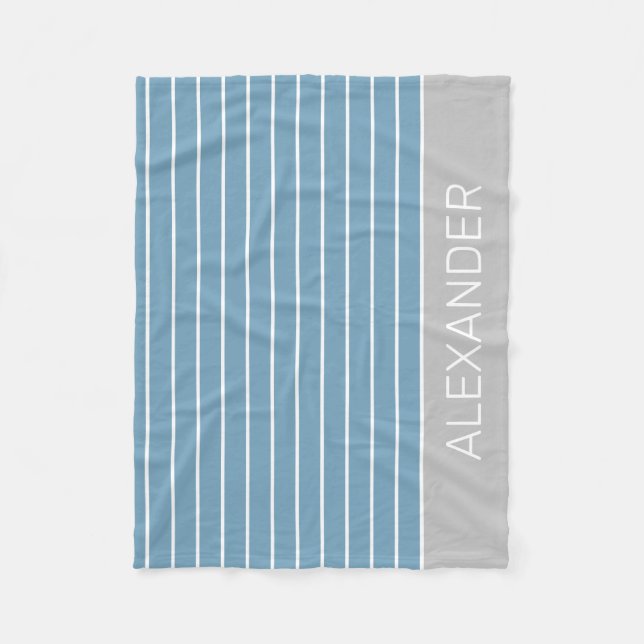 Blue and White Stripe With Grey Personalized Fleece Blanket (Front)