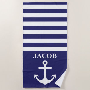 Blue and White Striped Anchor Beach Towel