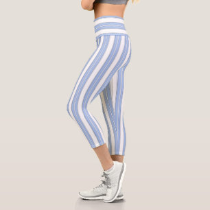 Blue and White Striped Capri Leggings