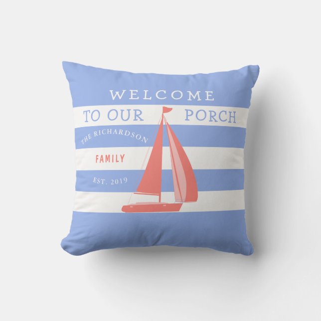 Blue and White Striped Coral Sailboat Nautical Outdoor Pillow (Front)