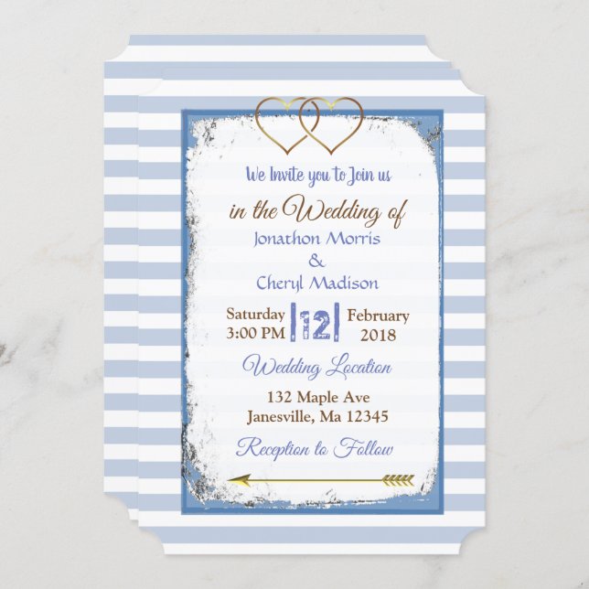 Blue and White Striped Gold  Wedding Invitations (Front/Back)