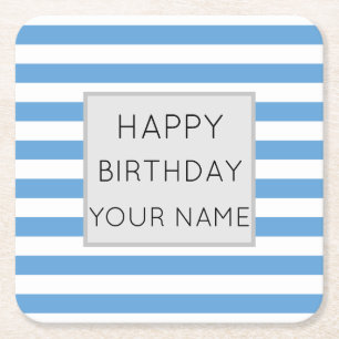 Blue And White Striped Happy Birthday Square Paper Coaster
