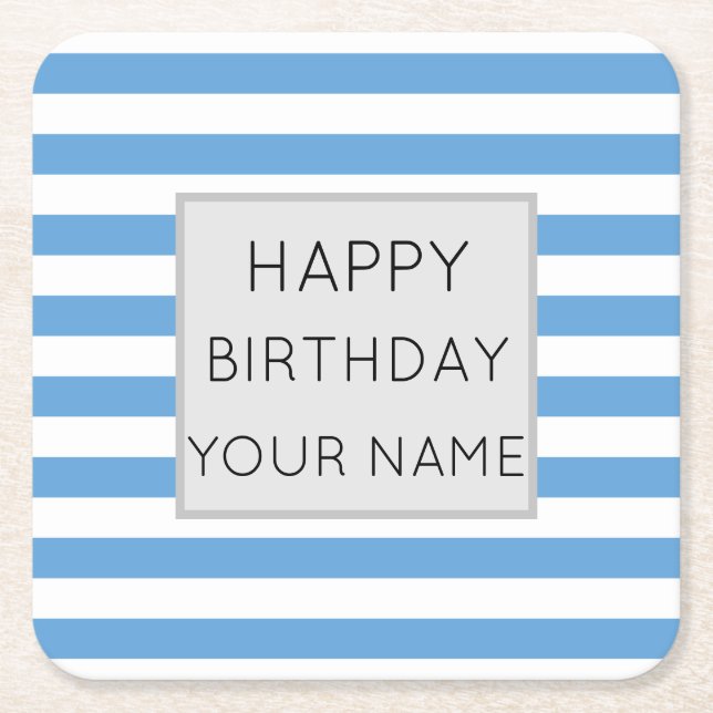Blue And White Striped Happy Birthday Square Paper Coaster (Front)