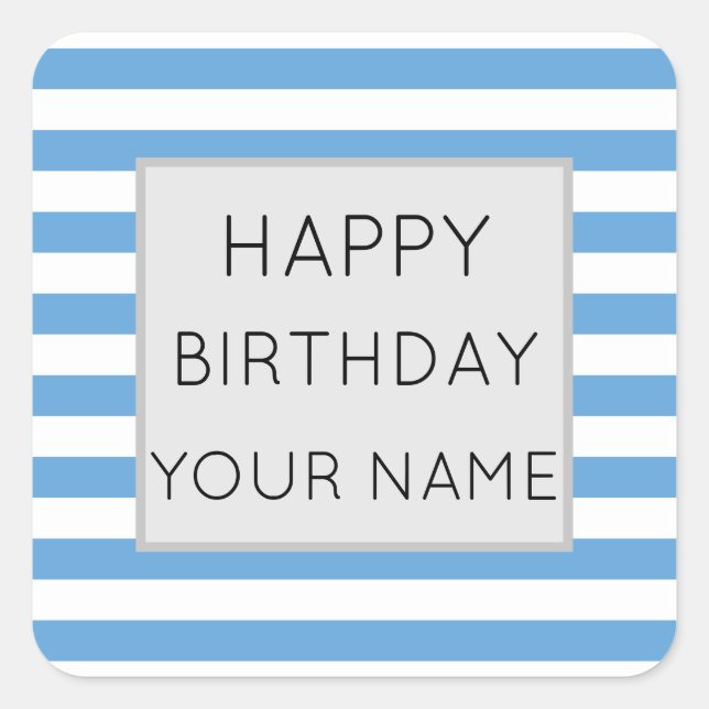 Blue And White Striped Happy Birthday Square Sticker (Front)