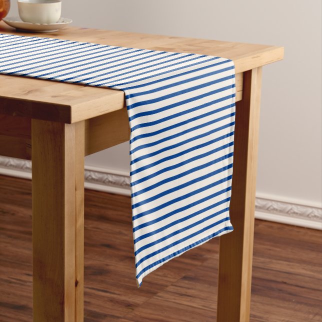 Blue and White Striped Modern Christmas Stripe Short Table Runner (In Situ)