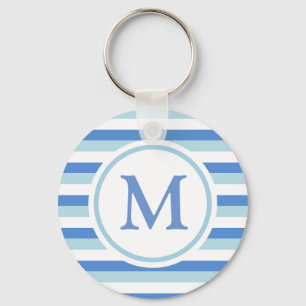 Blue and White Striped Monogram Keychain