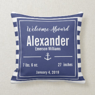 Blue and White Striped Nautical Anchor Nursery Throw Pillow