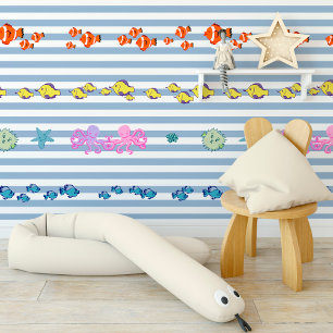 Blue and white striped print with colourful fish, wallpaper
