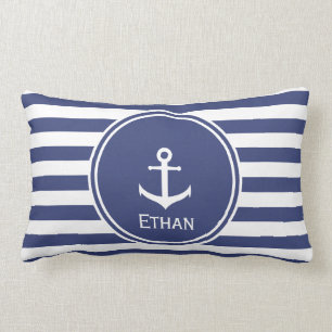 Blue and White Striped with Anchor and Custom Name Lumbar Pillow