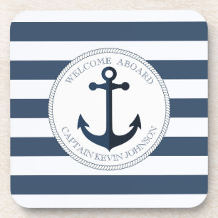 Blue and white striped with anchor personalized coaster