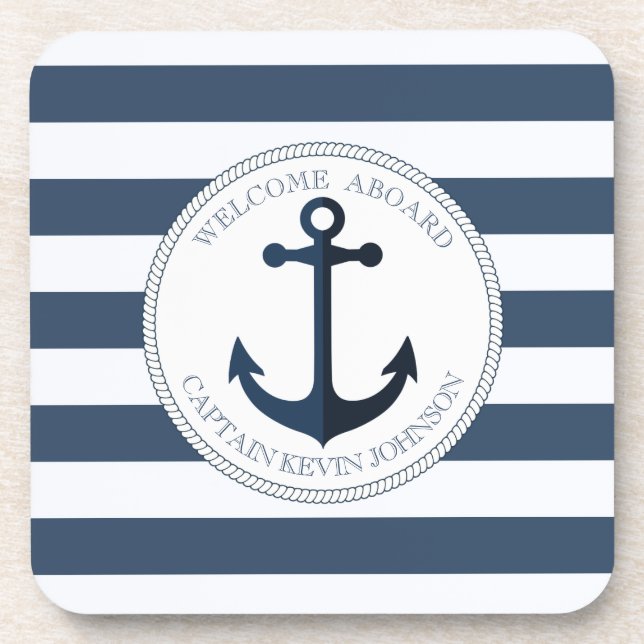 Blue and white striped with anchor personalized coaster (Front)