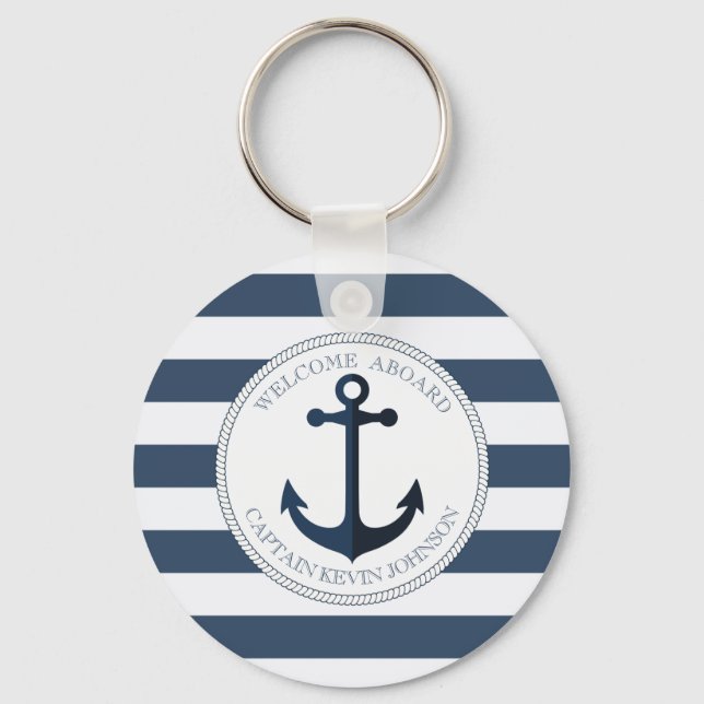 Blue and white striped with anchor personalized keychain (Front)
