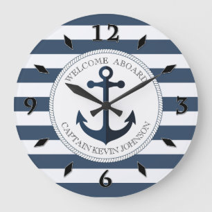 Blue and white striped with anchor personalized large clock