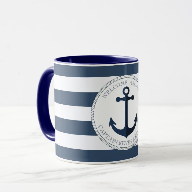 Blue and white striped with anchor personalized mug (Front Left)