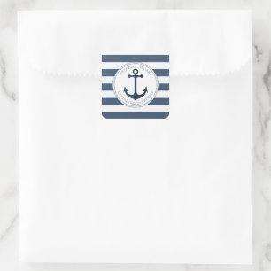 Blue and white striped with anchor personalized square sticker