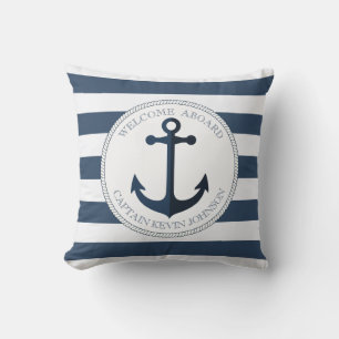 Blue and white striped with anchor personalized throw pillow