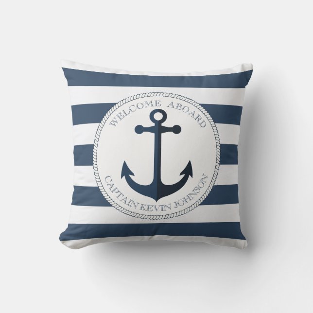 Blue and white striped with anchor personalized throw pillow (Front)