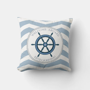 Blue and white striped with anchor personalized throw pillow