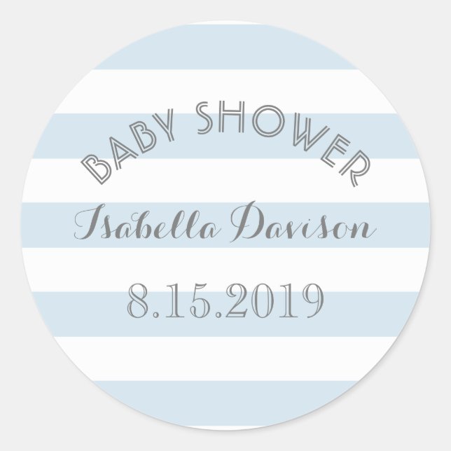 Blue and white stripes baby shower sticker (Front)