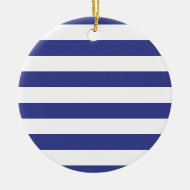 Blue and White Stripes Ceramic Ornament (Front)