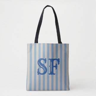 Blue and White Stripes Custom Monogram Tote Bag