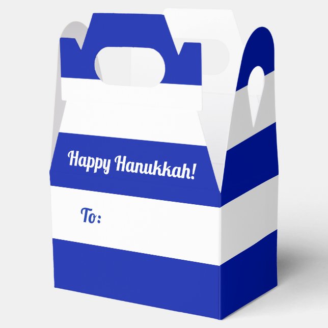 Blue and White Stripes Custom Text Happy Hanukkah  Favor Box (Opened)