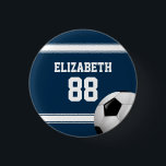 Blue and White Stripes Jersey Soccer Ball 1 Inch Round Button<br><div class="desc">Perfect for the soccer fan or soccer player whose team colours are dark blue and white, with a soccer jersey style design in dark blue with white stripes and customizable text for their name and number. A soccer ball is also featured as part of the design. Would you like this...</div>