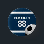 Blue and White Stripes Jersey Soccer Ball 1 Inch Round Button<br><div class="desc">Perfect for the soccer fan or soccer player whose team colours are dark blue and white, with a soccer jersey style design in dark blue with white stripes and customizable text for their name and number. A soccer ball is also featured as part of the design. Would you like this...</div>