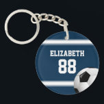 Blue and White Stripes Jersey Soccer Ball Keychain<br><div class="desc">Perfect for the soccer fan or soccer player whose team colours are dark blue and white, with a soccer jersey style design in dark blue with white stripes and customizable text for their name and number. A soccer ball is also featured as part of the design. Would you like this...</div>