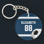 Blue and White Stripes Jersey Soccer Ball Keychain<br><div class="desc">Perfect for the soccer fan or soccer player whose team colours are dark blue and white, with a soccer jersey style design in dark blue with white stripes and customizable text for their name and number. A soccer ball is also featured as part of the design. Would you like this...</div>
