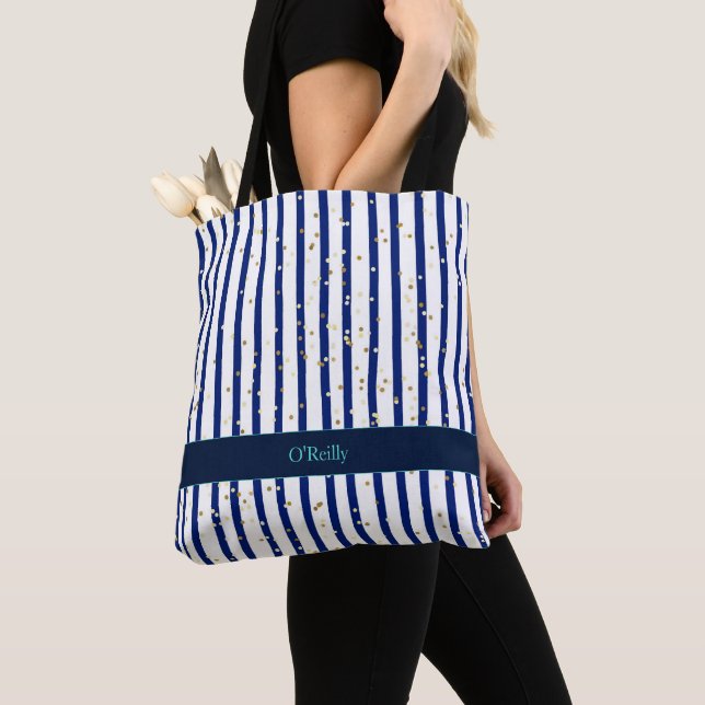 Blue and White Stripes Modern Monogram Tote Bag (Close Up)