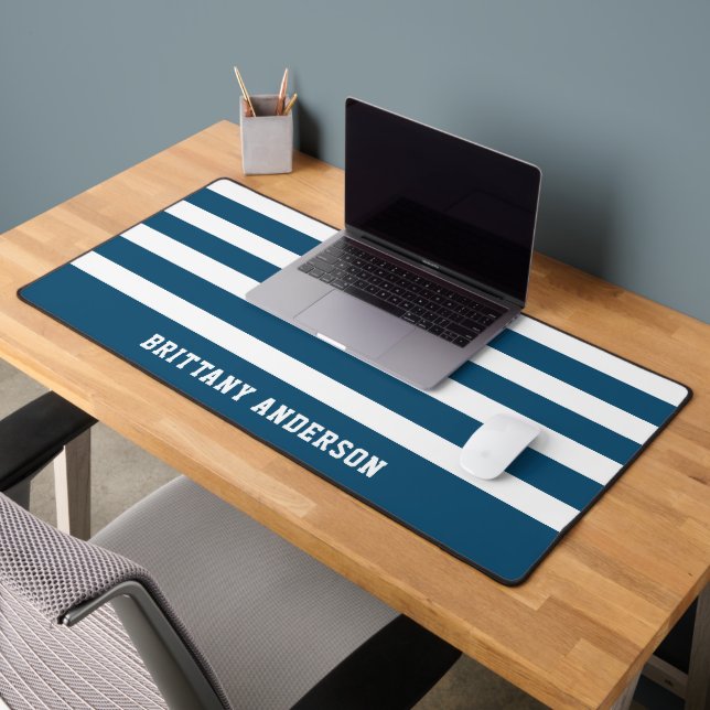 Blue and White  Stripes Pattern Personalized  Desk Mat (Office 2)