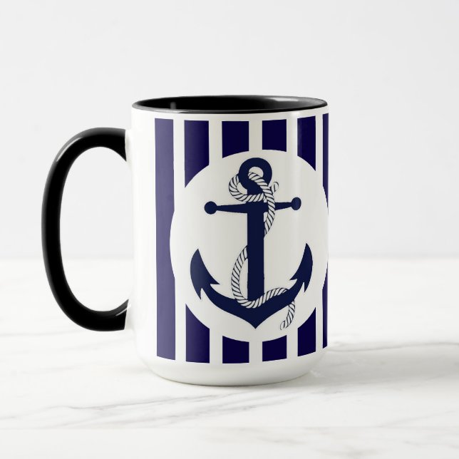 Blue And White Stripes With Anchor Mug (Left)