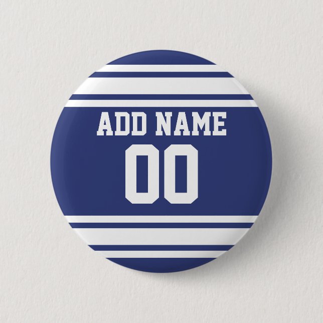 Blue and White Stripes with Name and Number 2 Inch Round Button (Front)