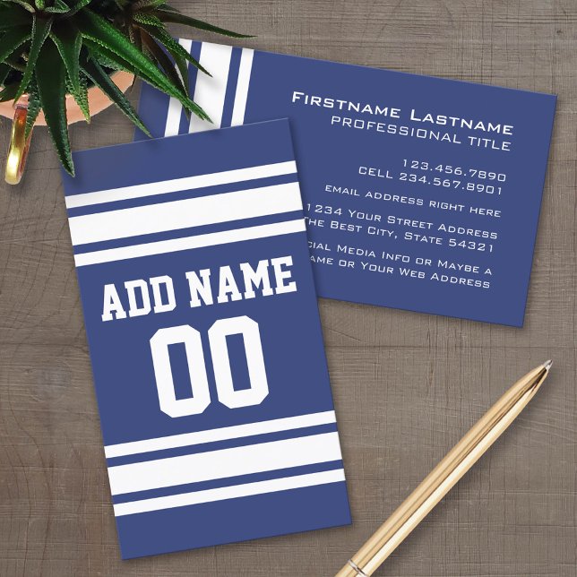 Blue and White Stripes with Name and Number Business Card (Custom Business Card Template)