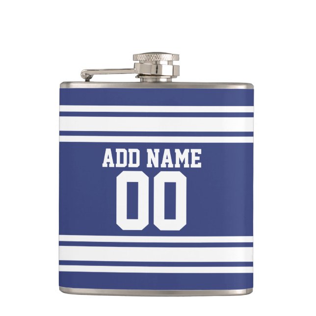 Blue and White Stripes with Name and Number Hip Flask (Front)