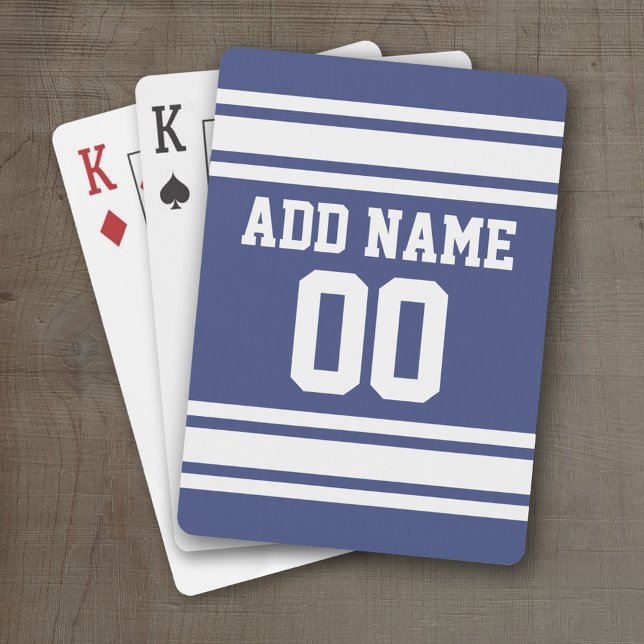 Blue and White Stripes with Name and Number Playing Cards (Personalized Playing Cards - Sports Jersey Design)