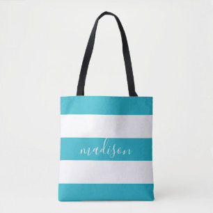 Blue and White Stripes with Name Typography Tote Bag