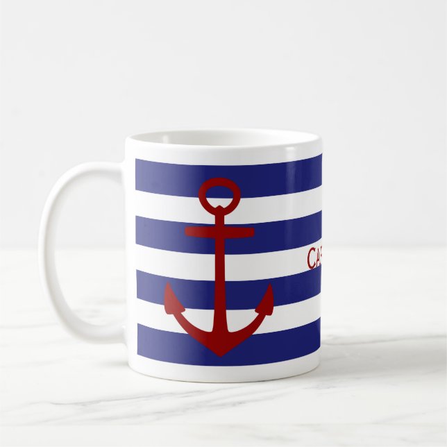 Blue and White Stripes with Red Anchor Coffee Mug (Left)