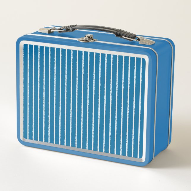 Blue and White Stripes with Uneven Lines Metal Lunch Box (Front)