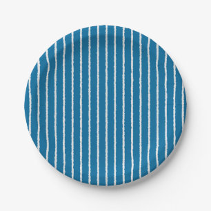 Blue and White Stripes with Uneven Lines Paper Plate