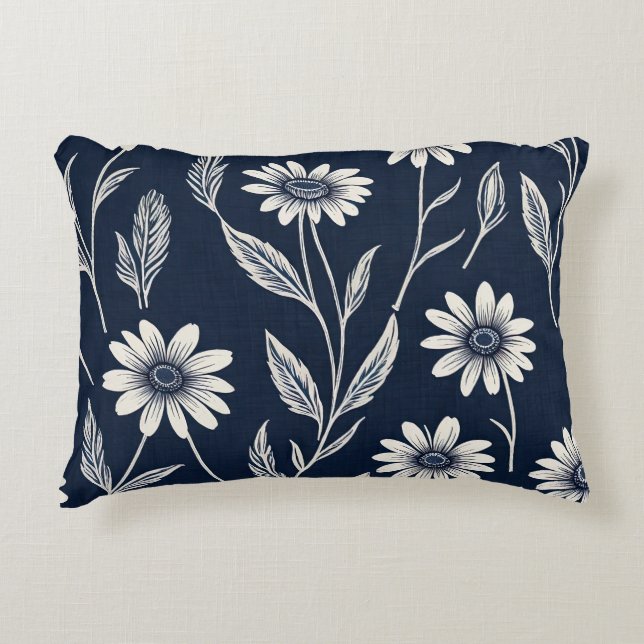 blue and white summer floral - Block print-style Accent Pillow (Front)