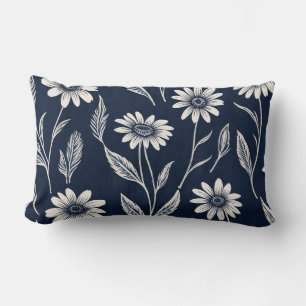 blue and white summer floral - Block print-style Lumbar Pillow