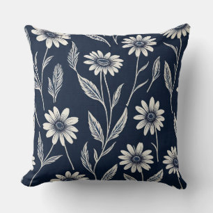 blue and white summer floral - Block print-style Throw Pillow