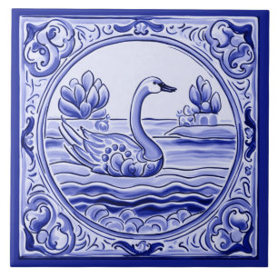 Blue and White Swan Goose Mediterranean Folk Art Tile
