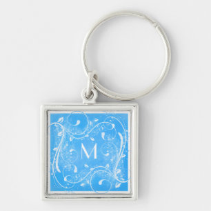 Blue and White Swirls Monogram Keychain