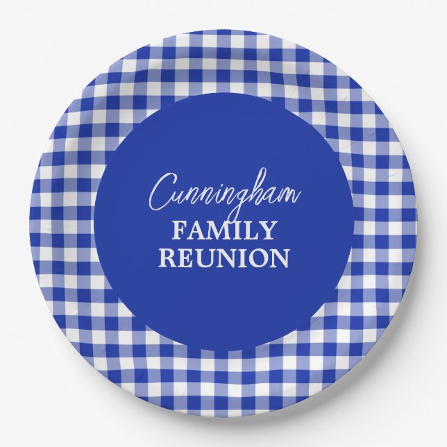 Blue and White Tablecloth Check Paper Plate (Front)