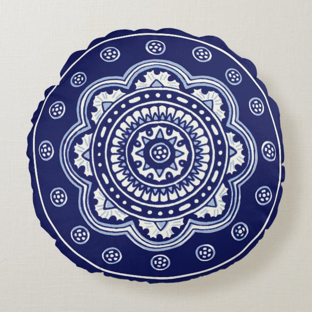 Blue and White Talavera Five Round Pillow (Front)