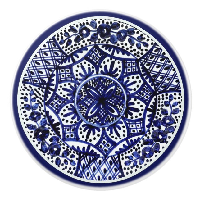Blue and White Talavera Seis Ceramic Knob (Front)