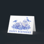 Blue and White Tea Pot with Birds | Birthday Thank You Card<br><div class="desc">This birthday card has a monochromatic design featuring a blue and white tea set surrounded by birds and flowers.</div>